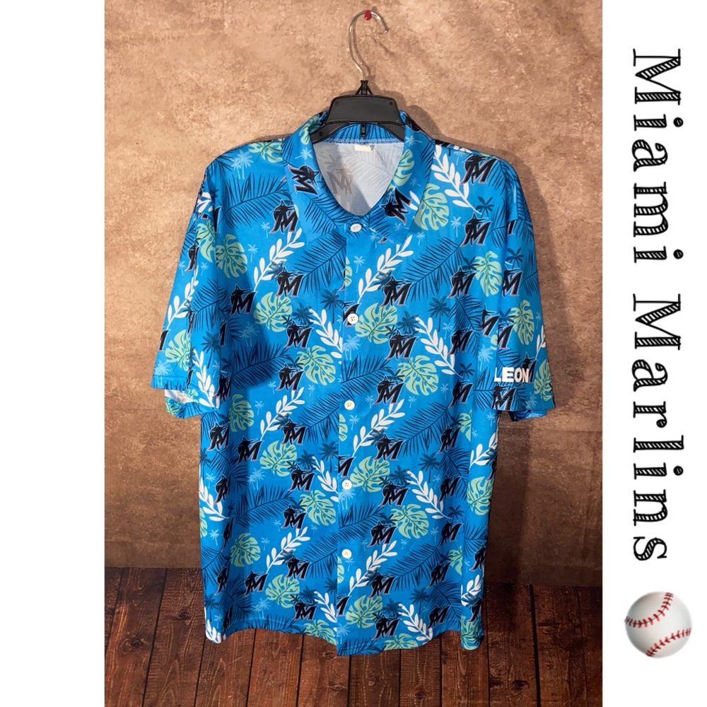 MIAMI MARLINS Baseball Hawaiian Button down Shirt Stretch Promo-Men’s XL-EUC